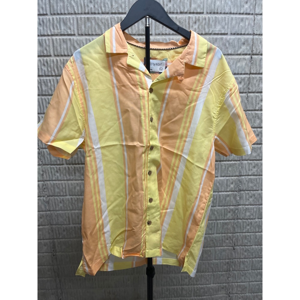 Fly By Night Mens Short Sleeve Button Down Shirt Yellow Orange Striped Size MNEW